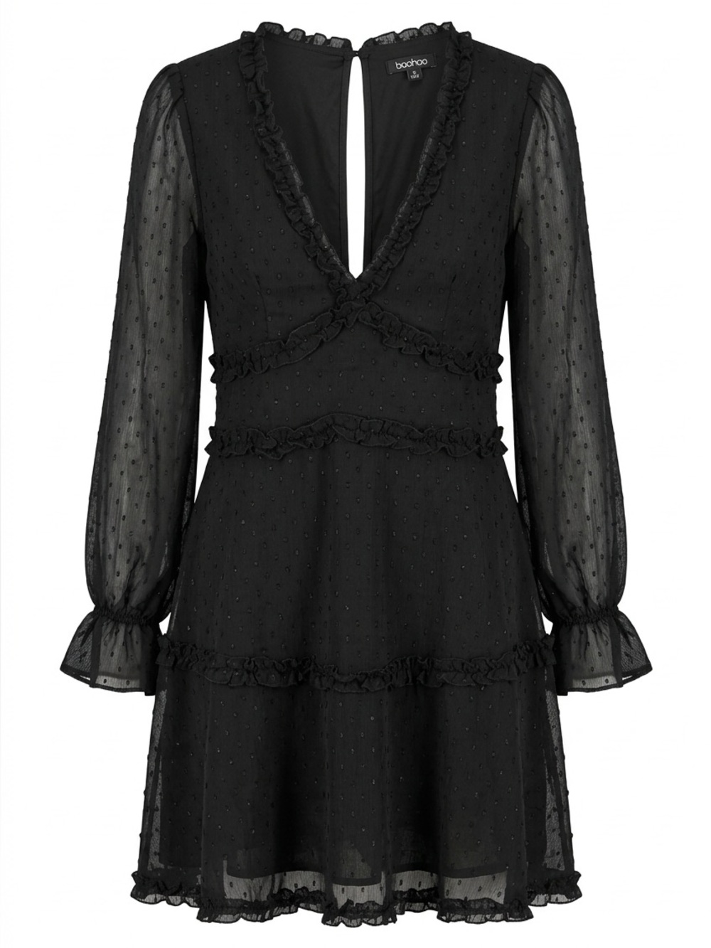 B. Smart Black Sheer Dotted Ruffle Tiered V-Neck Long Sleeve Dress